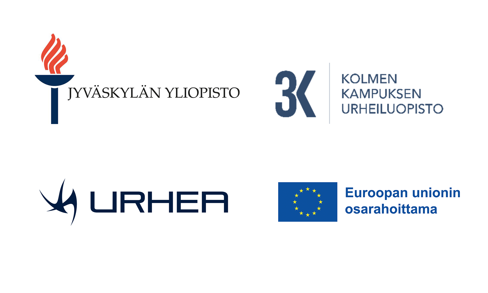 Hankkeen tahojen logot: Jyväskylän yliopisto, Kolmen kampuksen urheiluopisto, Urhea ja rahoittajan logona "Euroopan unionin osarahoittama"
