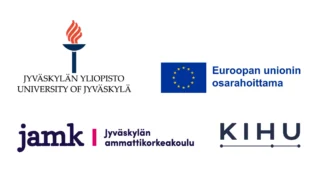 Hankkeen tahojen logot: Jyväskylän yliopisto, Jyväskylän ammattikorkeakoulu ja KIHU sekä rahoittajan logona "Euroopan unionin osarahoittama"