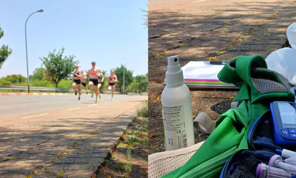 Vasemmassa reunassa kestävyysjuoksijoita harjoittelemassa etelän leirillä kadulla juosten. Oikeassa reunassa näkyy veren laktaattipitoisuuden mittaamiseen käytettäviä laitteita, ihon puhdistussuihke ja muistivihko.