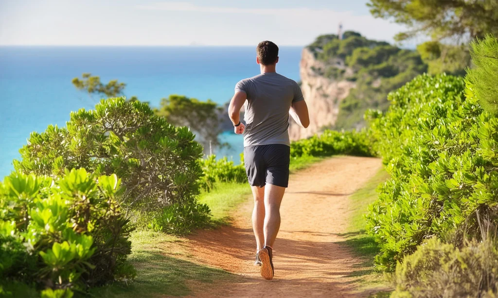 Mieshenkilö juoksee rannan tuntumassa polkua pitkin poispäin. Vihreä luonto ympärillä.