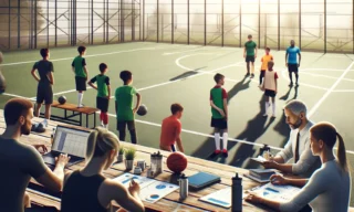 Tekoälyn luoma kuva, jossa nuoret jalkapalloilijat harjoittelevat aidatulla kentällä. Kentän laidalla on pöydän ääressä tutkijoita ja valmentajia tekemässä erilaisia tehtäviä tietokoneella ja papereilla.