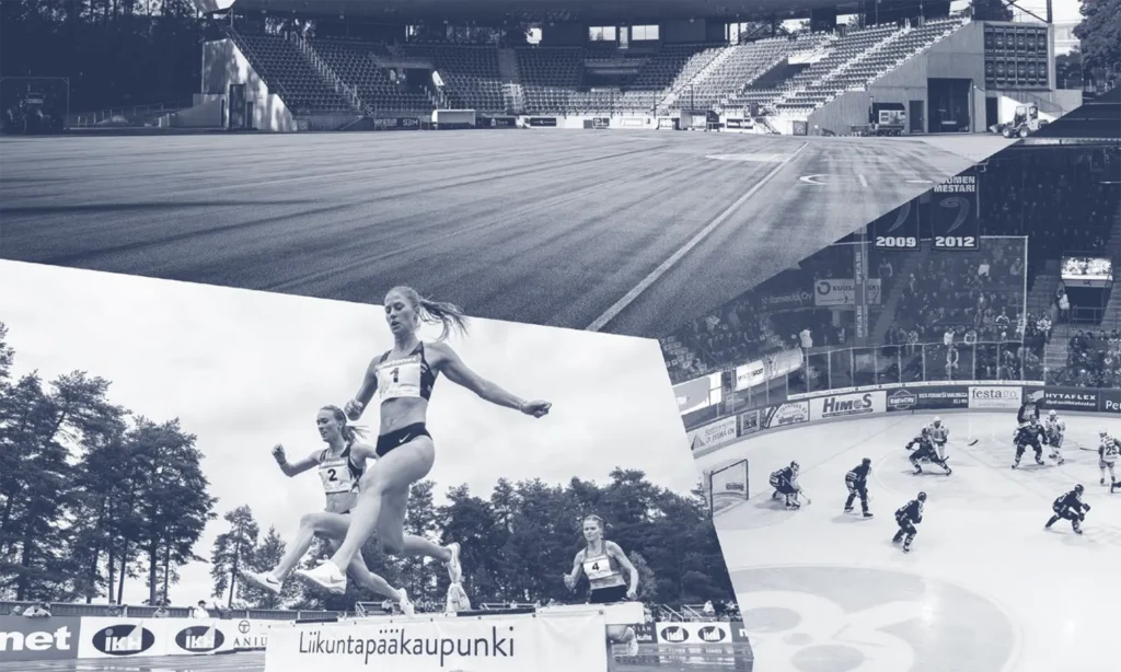 Mustavalkoinen yhdistelmäkuva, jossa näkyy pesäpallokenttään, naisestejuoksijoita ja jääkiekkopeliä.