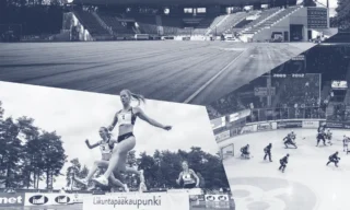 Mustavalkoinen yhdistelmäkuva, jossa näkyy pesäpallokenttään, naisestejuoksijoita ja jääkiekkopeliä.